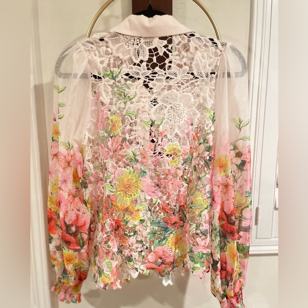 Peach Brand Sheer Floral Lace Button-Down Blouse - Pink/White - Picture 4 of 4